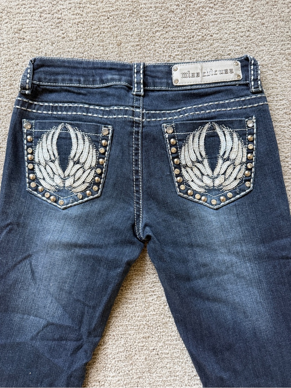 Miss Chic Womens Dark Blue Embroidered Pocket Jeans